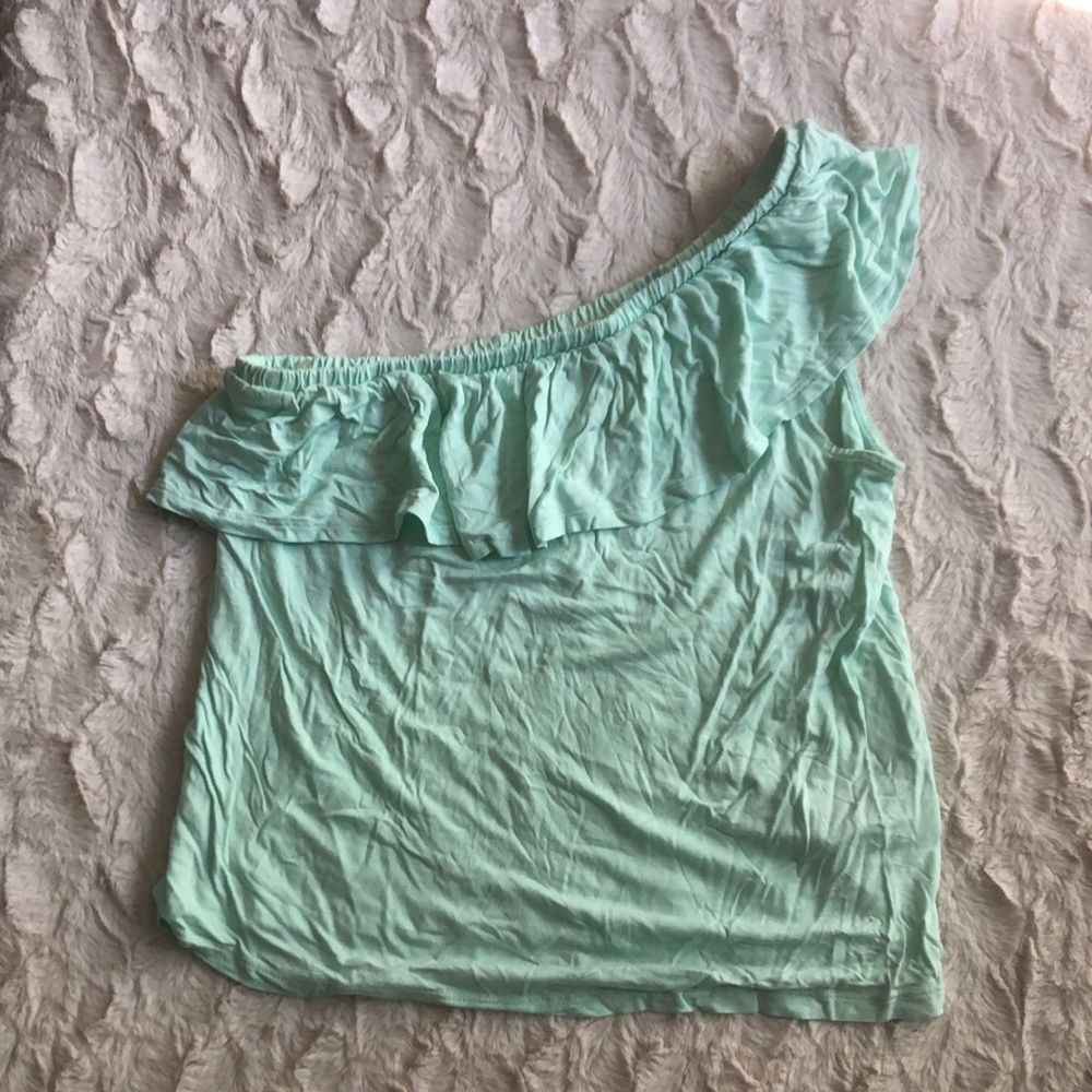 Old Navy Light Green Ruffle One-Shoulder Blouse